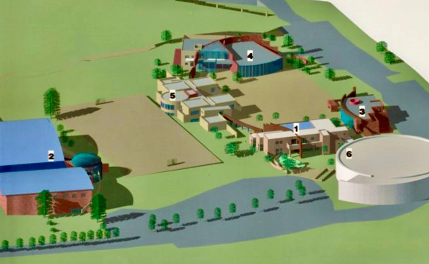Campus architectural concept rendering showing the circular theater among the educational buildings