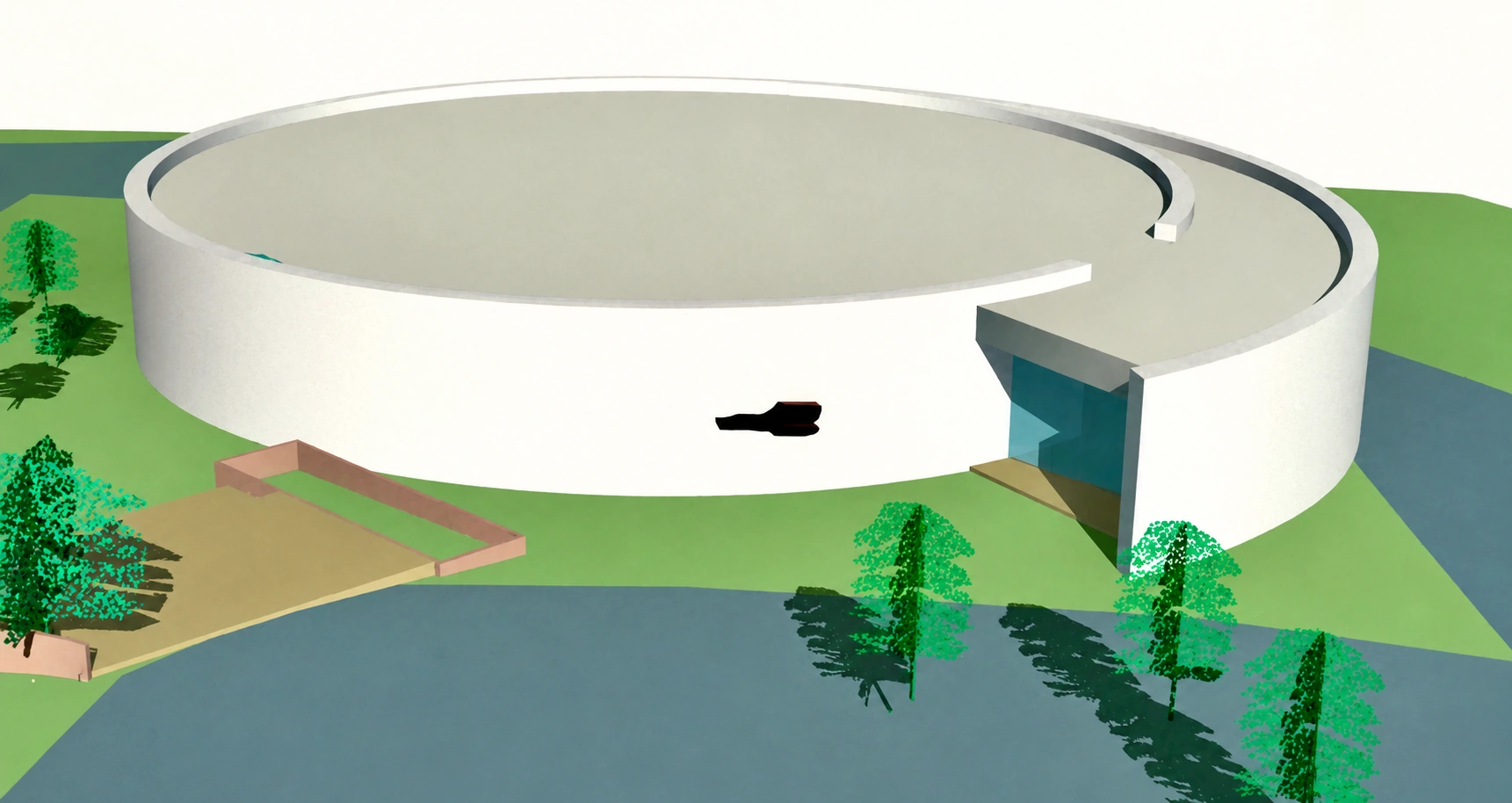 Digital concept rendering of the circular performing arts theater with its curved entrance