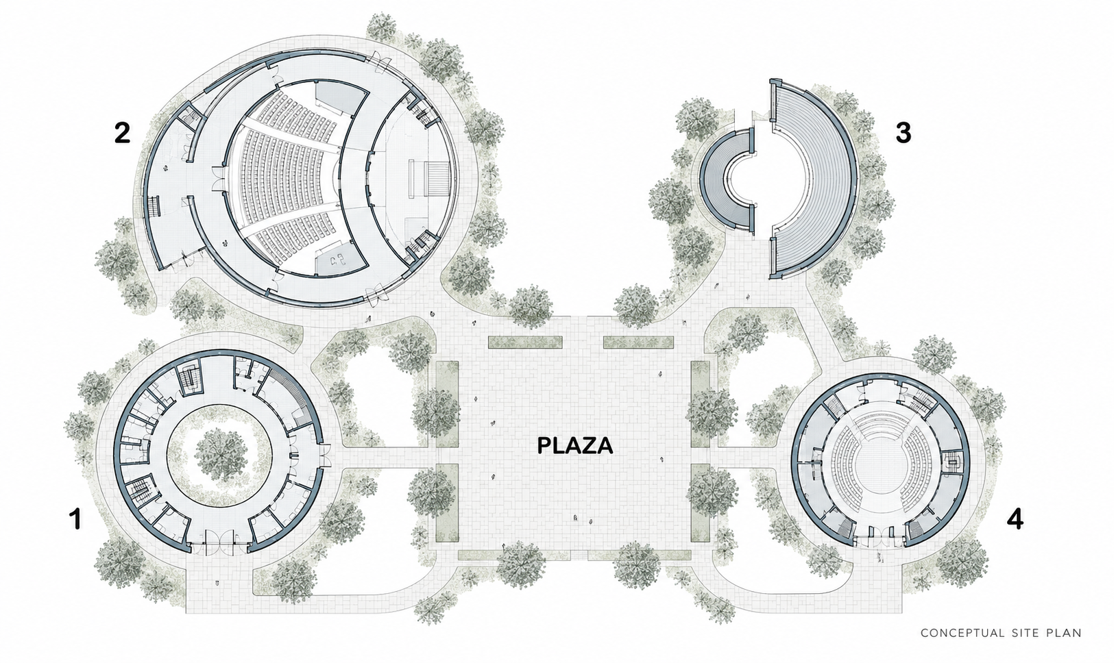 Conceptual site plan with four buildings around a central plaza: administration, Oscar Niemeyer theater, acoustic shell, and music hall